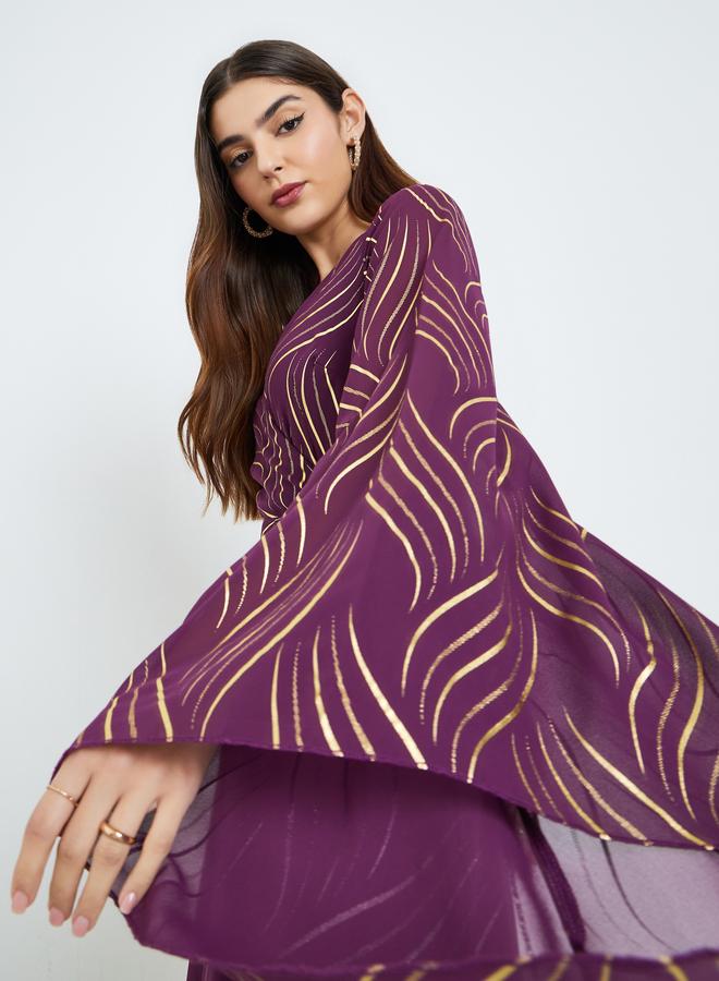 Styli Women Purple Printed Bell Sleeve A-Line Maxi Dress - Image 1
